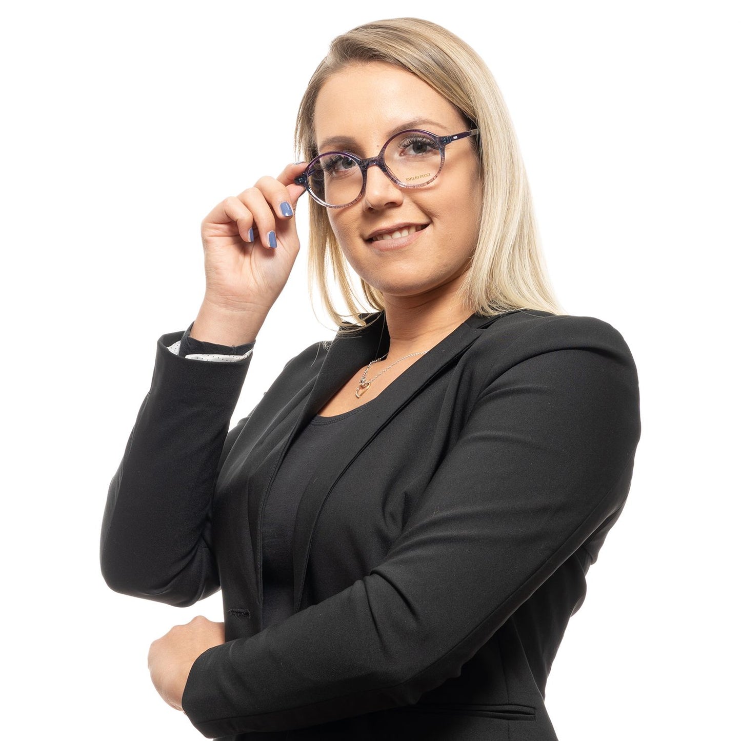 Woman wearing Emilio Pucci Purple Plastic Glasses (Frames) with a full-rim design, showcased in a professional attire.