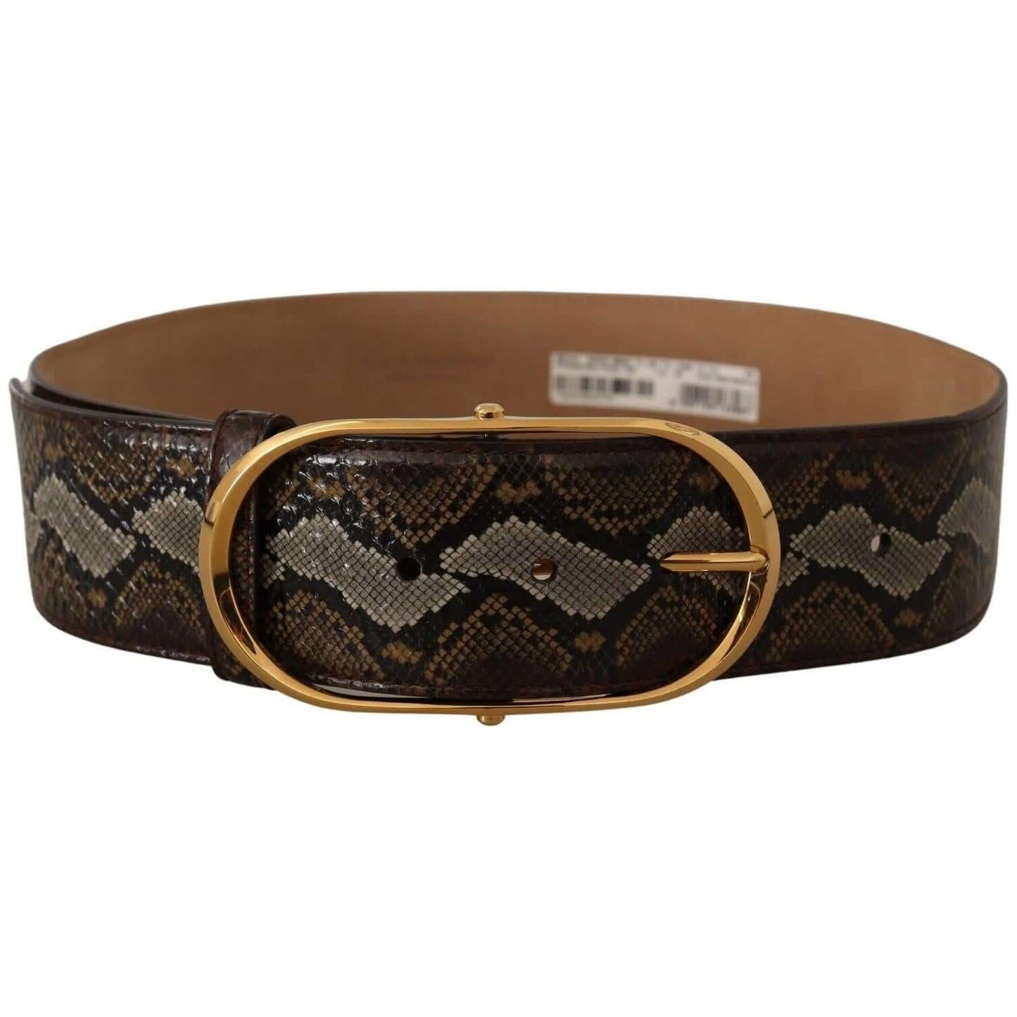 Dolce & Gabbana leather belt with gold oval buckle and snake pattern, elegant and sophisticated fashion accessory.