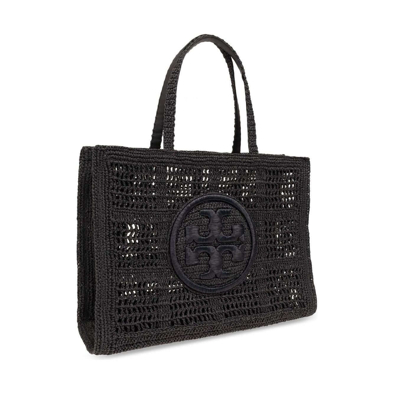 Tory Burch Large Ella Crochet Tote Bag, black woven raffia with Double T motif, two long handles, spacious main compartment.