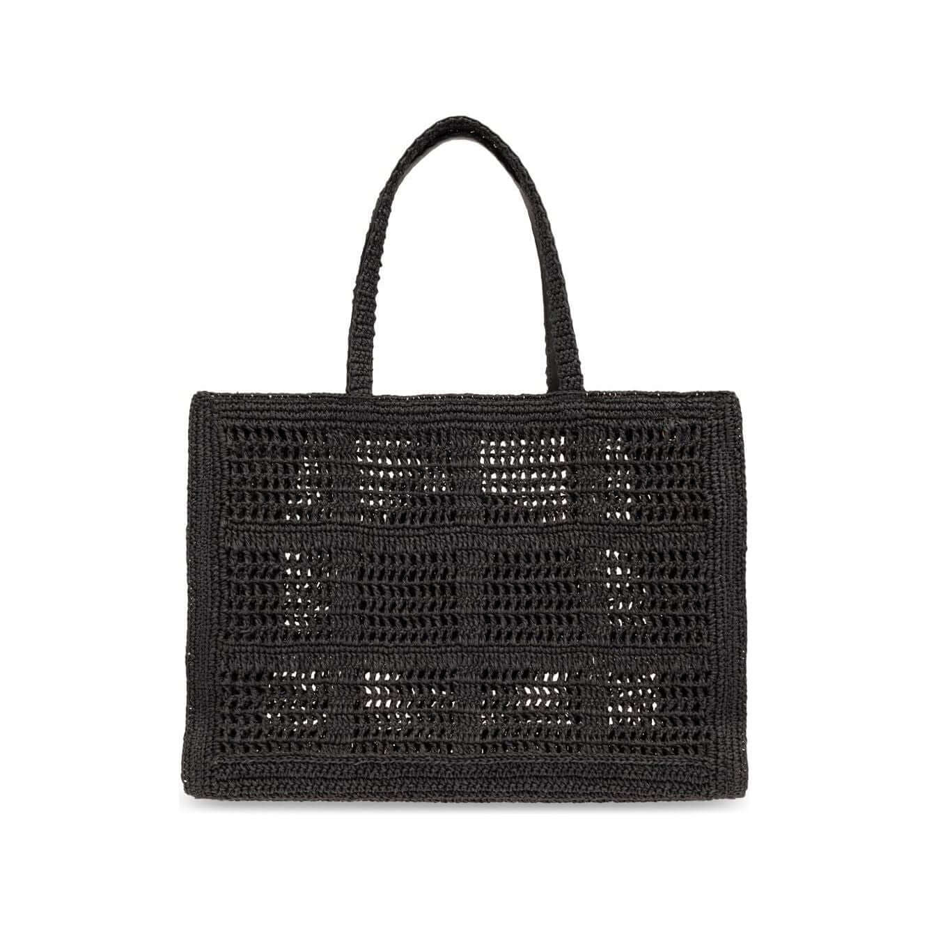 Black woven raffia tote bag with signature Tory Burch Double T motif and long handles, large Ella size.