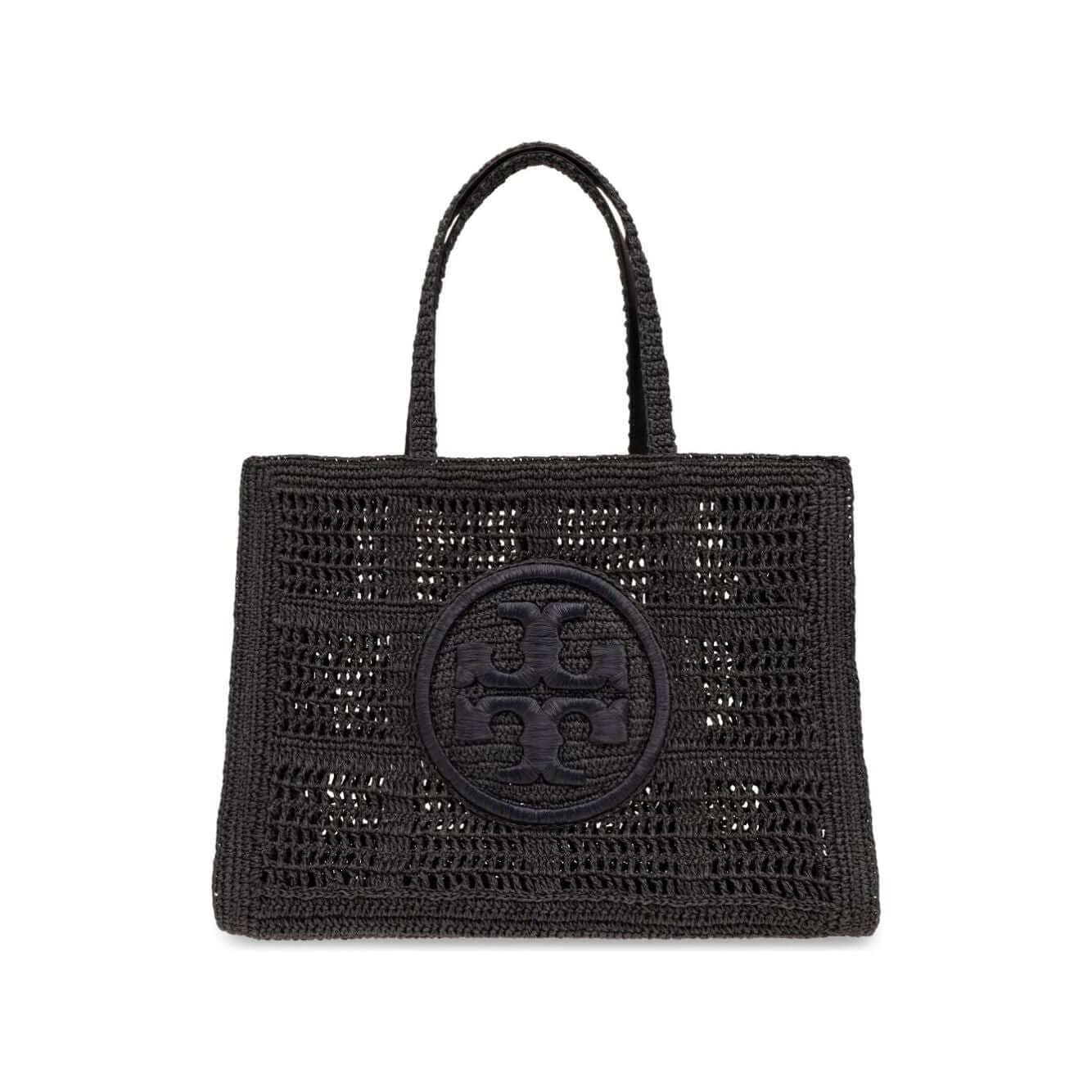 Black Tory Burch Large Ella Crochet Tote Bag with woven raffia design and signature Double T motif, featuring two long handles.