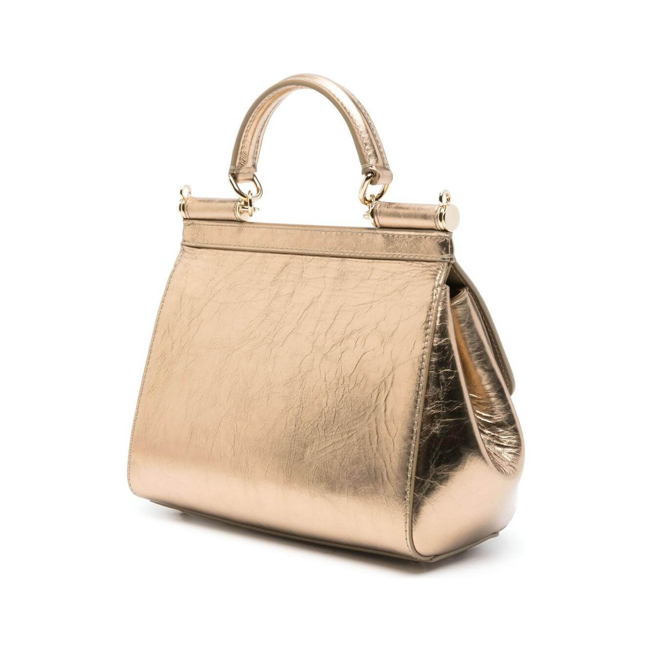Dolce & Gabbana Sicily metallic gold leather tote bag with top handle, detachable shoulder strap, and protective dust bag.