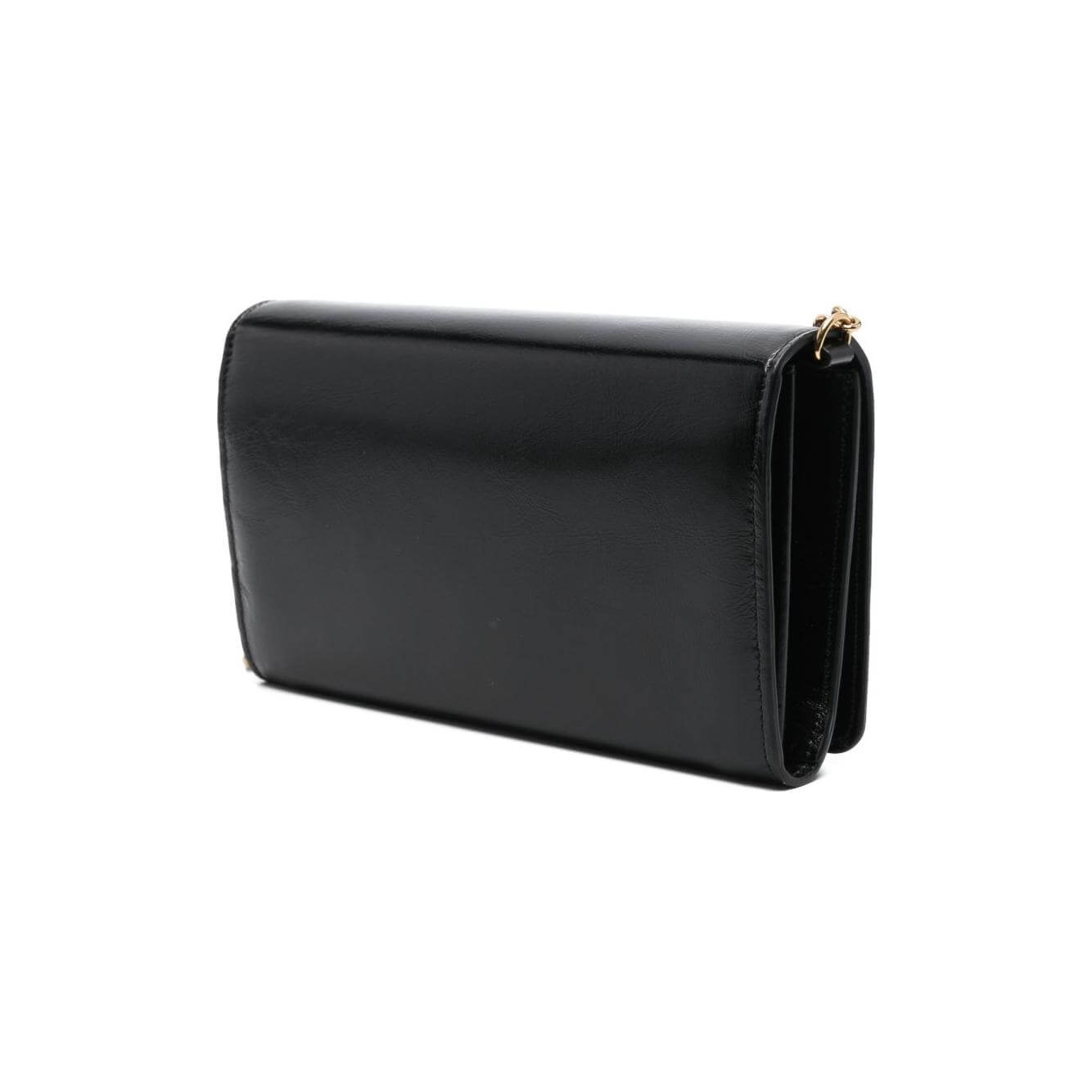 Black Chloé Iconic flap chain crossbody bag with magnetic fastening and chain-link strap, back view.