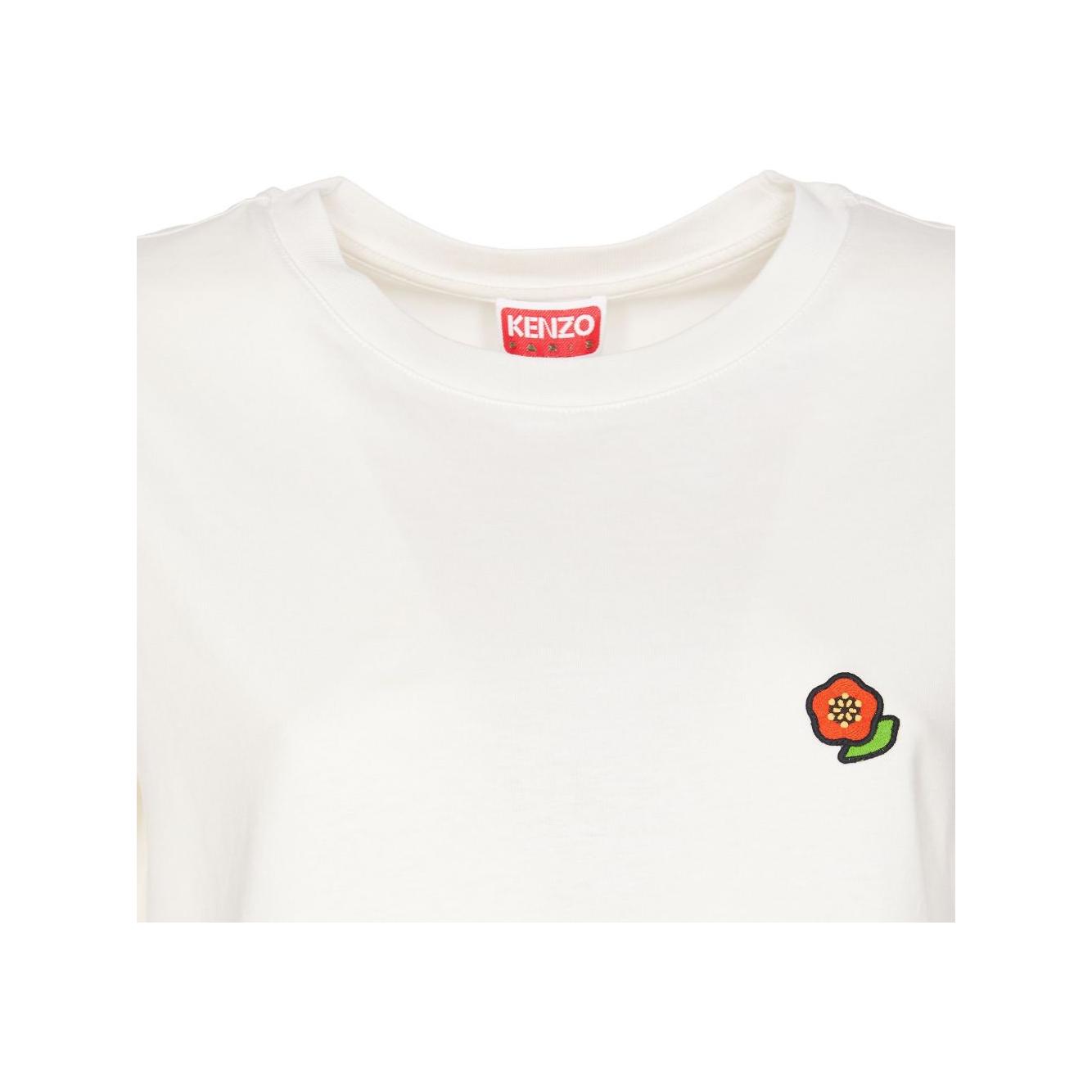 White Kenzo t-shirt with Boke Flower motif on front, crew neck, short sleeves, cotton material, size S, shown on model 5ft 8in.