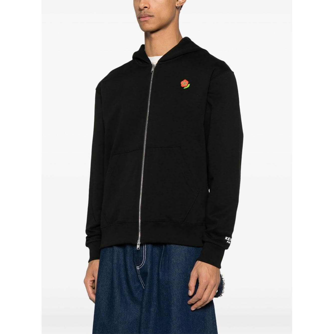 Kenzo black cotton hoodie with two-way zip, ribbed cuffs, front pockets, and Boke Flower motif.