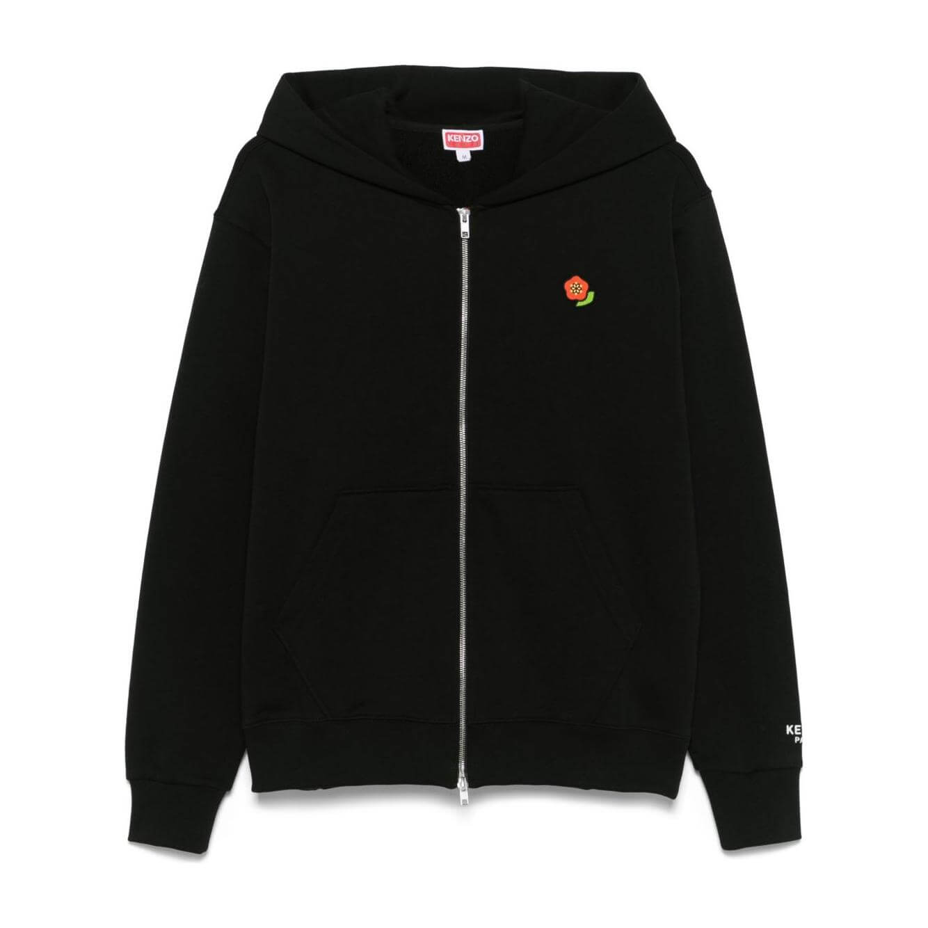 Kenzo black hoodie with Boke Flower motif, two-way zip, ribbed cuffs, and two pouch pockets. Stylish and fits true to size.
