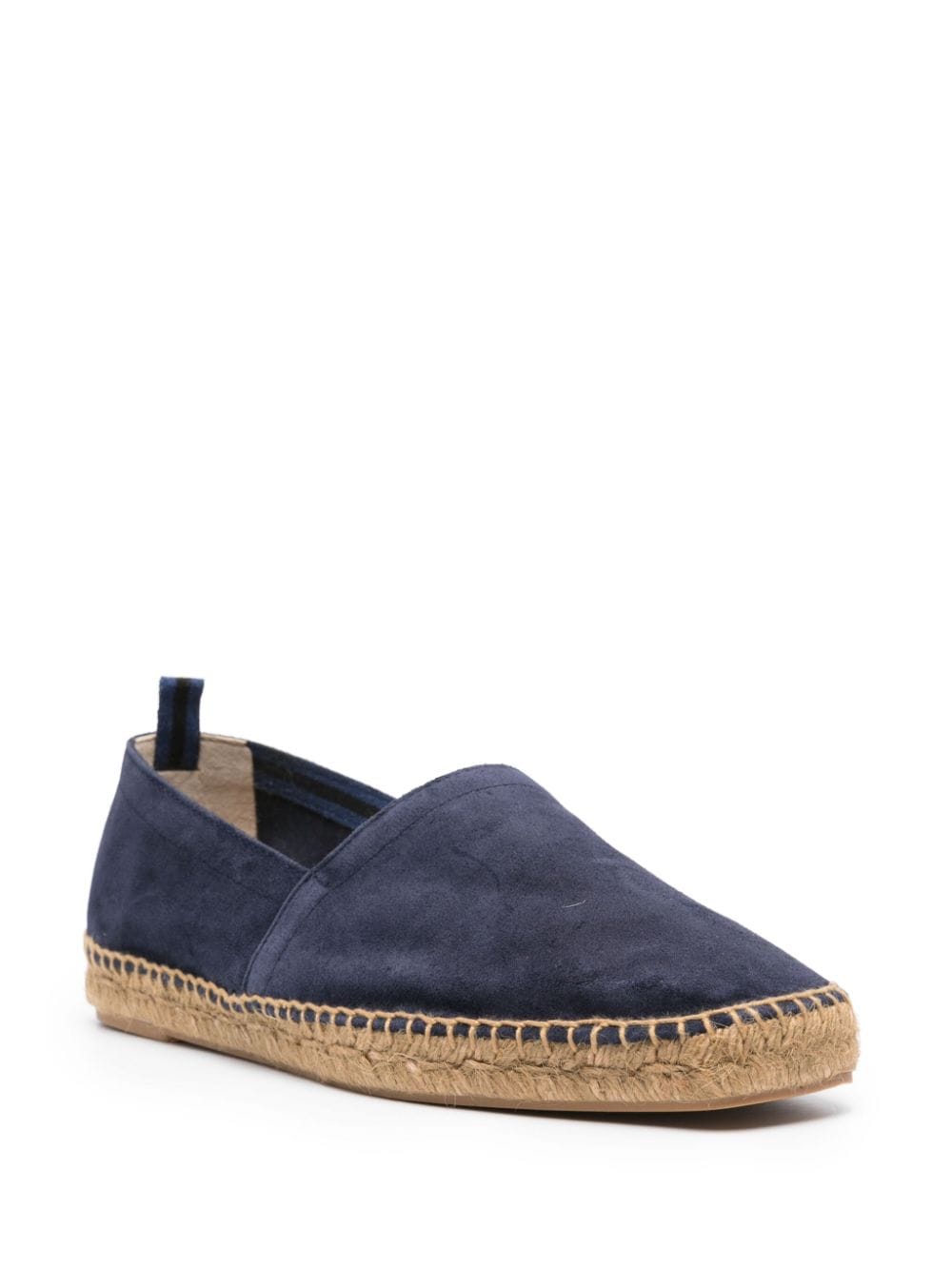 Castaner suede men's espadrilles in midnight blue with braided raffia sole, almond toe, and pull-tab, slip-on style.