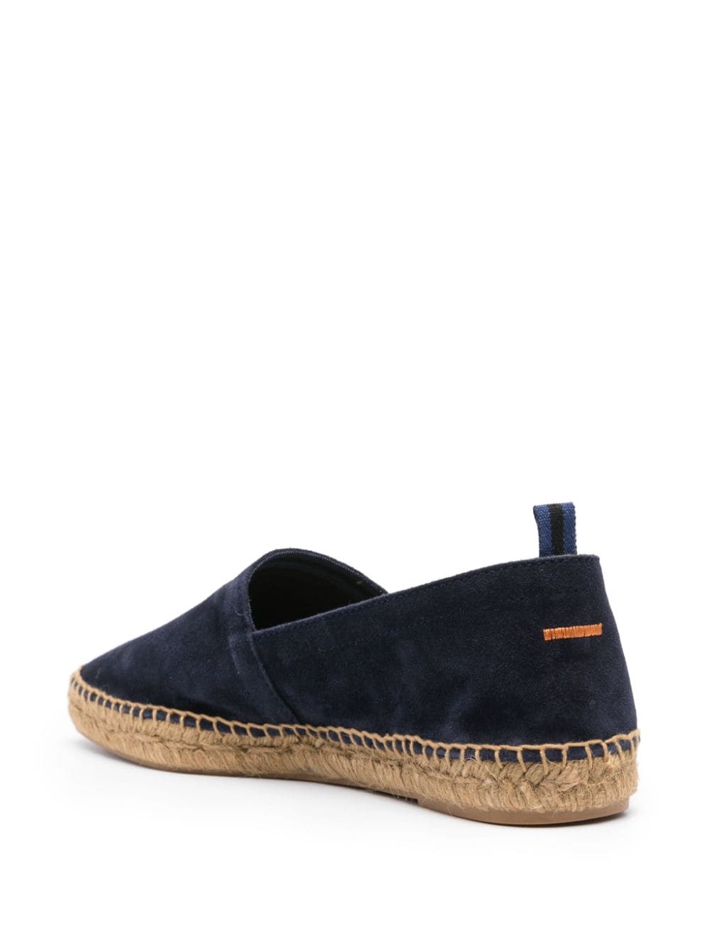 Midnight blue suede men's espadrille with braided raffia sole, tonal stitching, and pull-tab, featuring a branded leather insole.