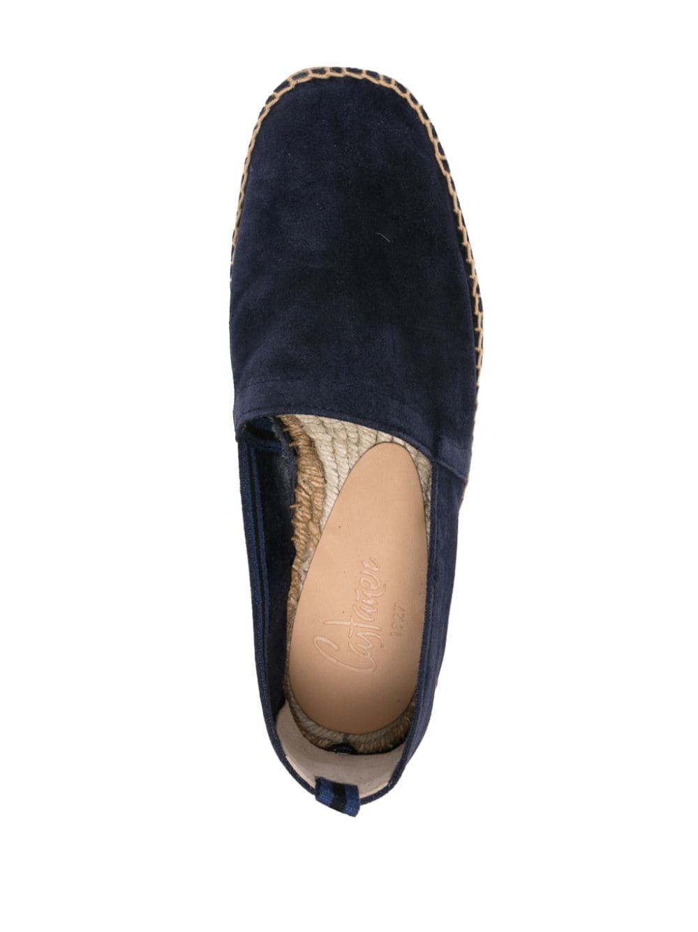 Top view of Castaner midnight blue suede men's espadrille flat shoe with almond toe, raffia sole, and branded leather insole.