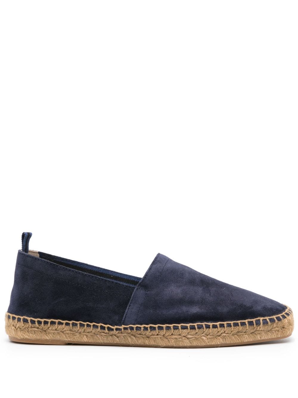Midnight blue Castaner suede men’s espadrilles with braided raffia sole and almond toe, featuring tonal and contrast stitching.
