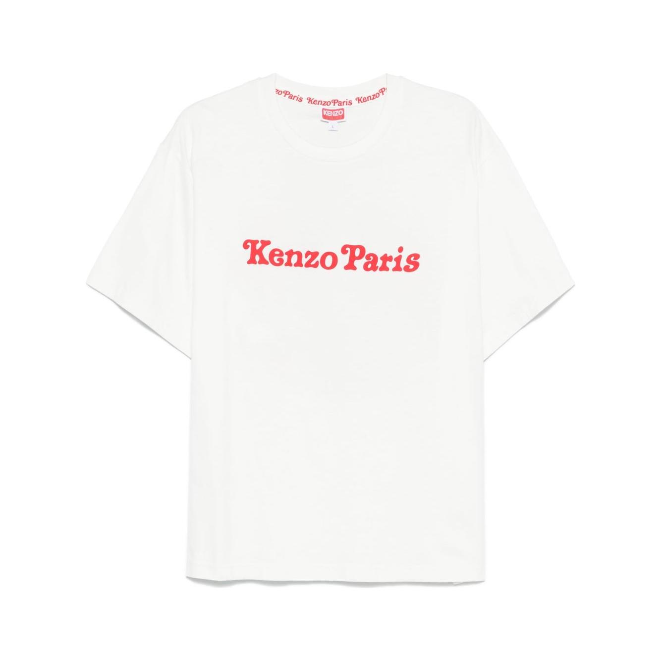 Kenzo Paris white crew neck cotton t-shirt with red logo, unisex sizing, true to size fit. Perfect casual wear for all seasons.