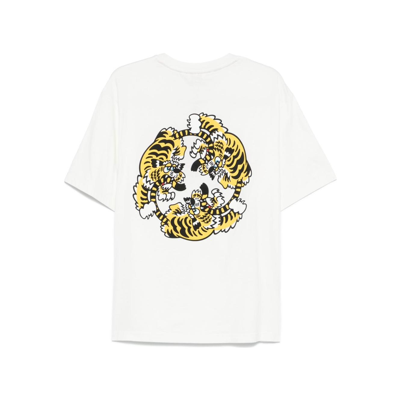 White Kenzo cotton t-shirt with tiger print design on the back, unisex fit, crew neck, men's standard sizing, model height 5ft 8in, size S.