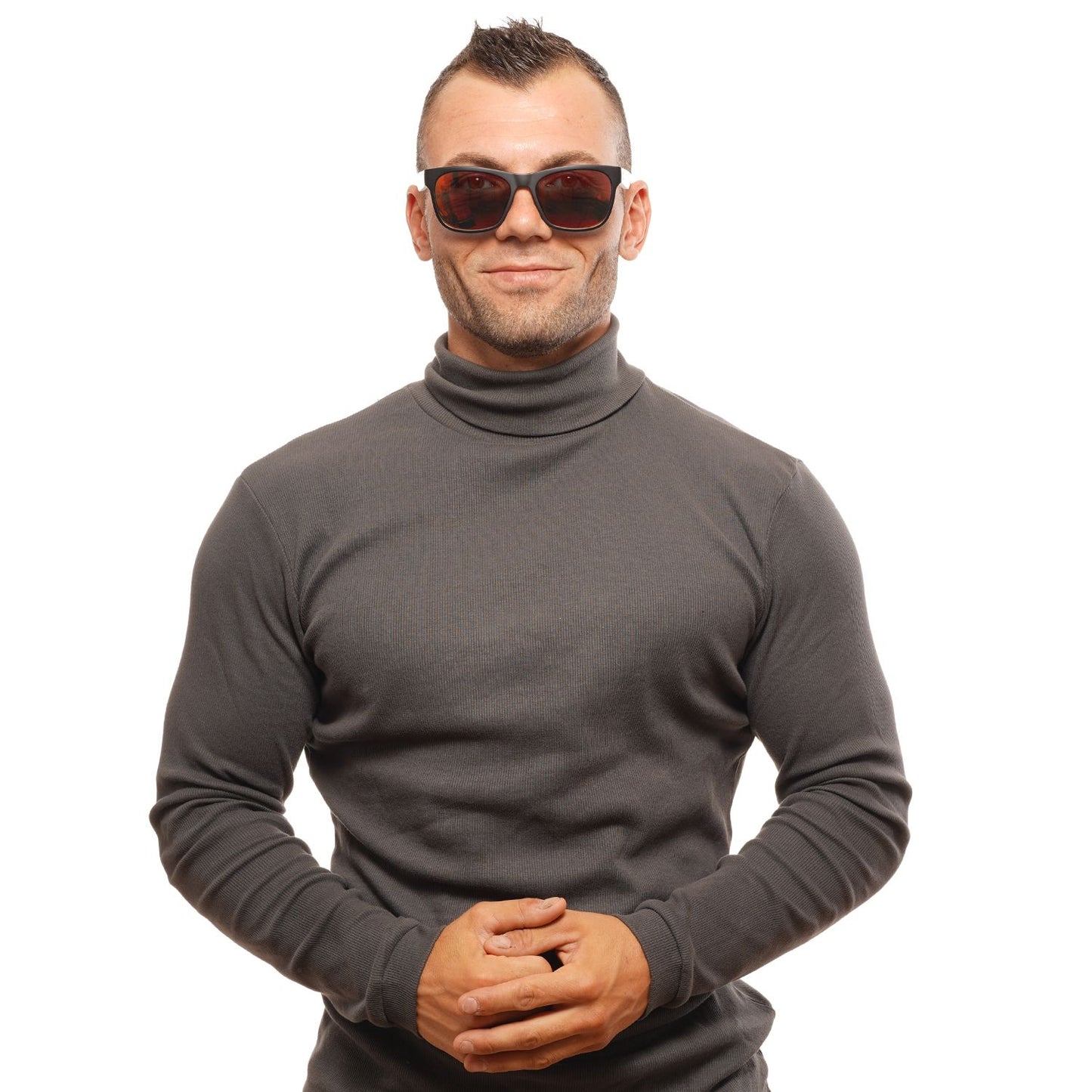 Man wearing Spy Black Unisex Sunglasses with trapezium style and mirrored lenses, full-rim plastic frame, 100% UVA & UVB protection.