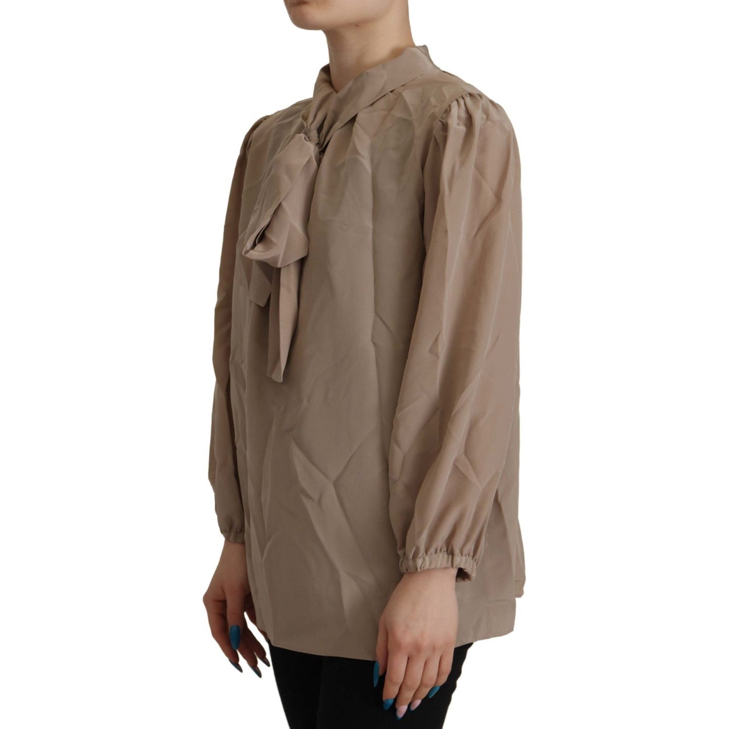 Dolce & Gabbana Brown Waistband Sleeves Ascot Collar Top Blouse TSH7823- 42