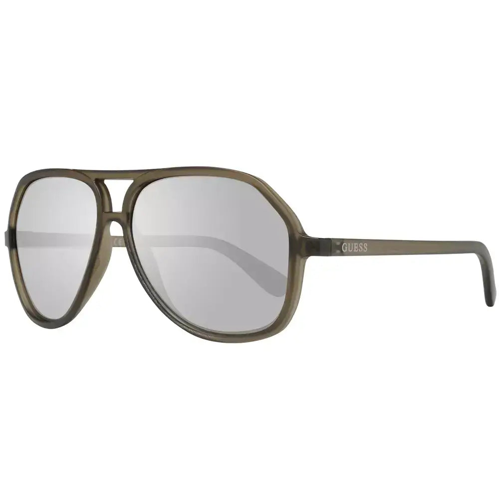 Guess brown aviator men's sunglasses with mirrored lenses, full-rim plastic frame, 100% UVA & UVB protection, size 60-14-140.