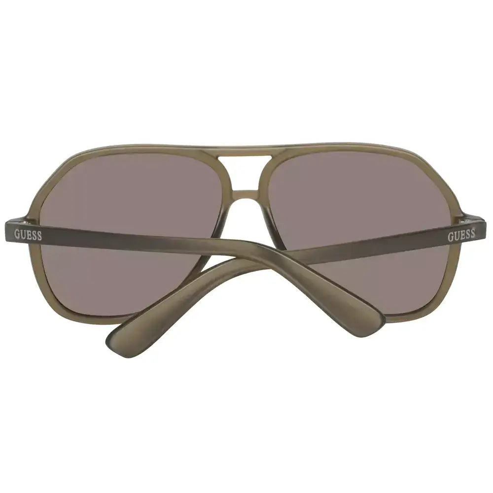 Guess brown aviator men's sunglasses with mirrored lenses, 100% UVA & UVB protection, plastic frame, full-rim style.