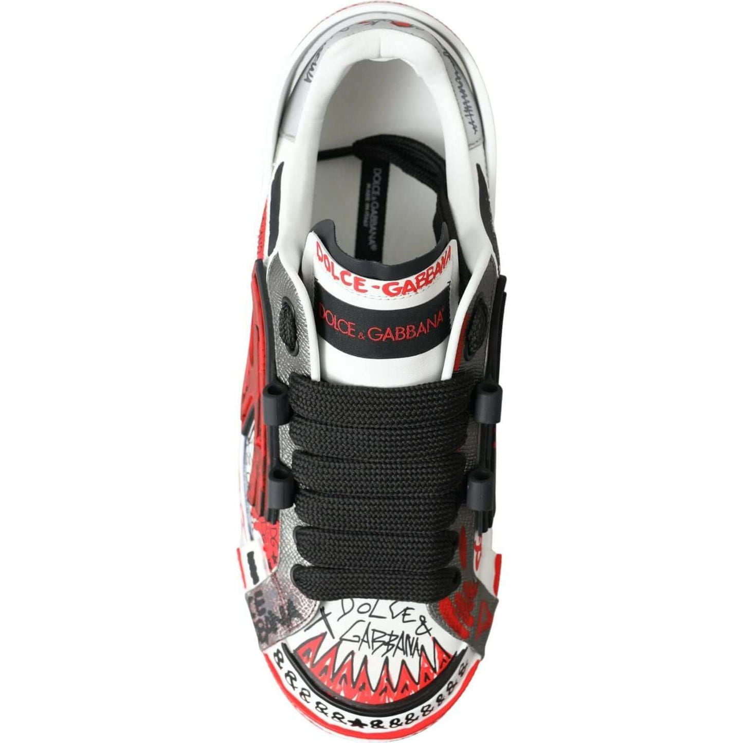 Dolce & Gabbana multicolor hand-painted leather sneaker with black laces and graphic details, showcasing Italian design and craftsmanship.