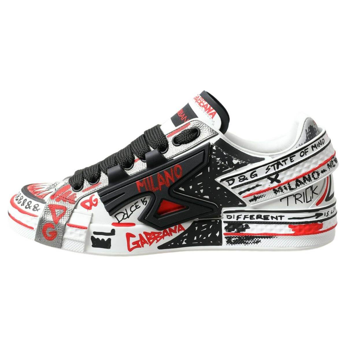 Dolce & Gabbana multicolor hand-painted leather sneakers showcasing vibrant artistic details and Italian craftsmanship.