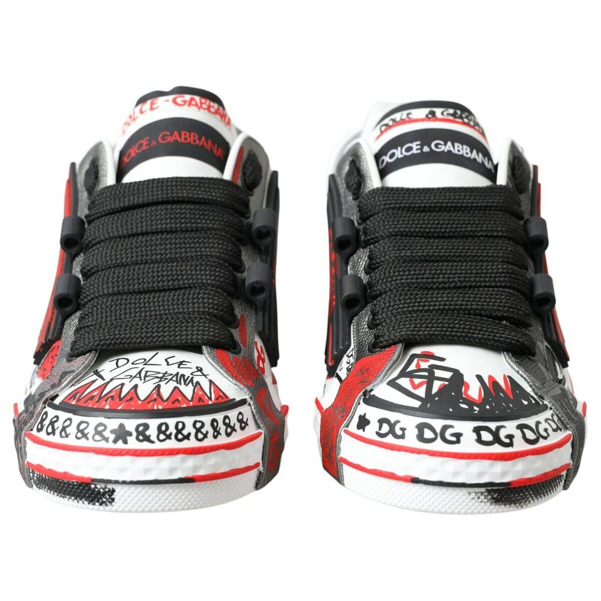 Dolce & Gabbana multicolor hand-painted leather sneakers with graphic design and black laces, showcasing Italian craftsmanship.