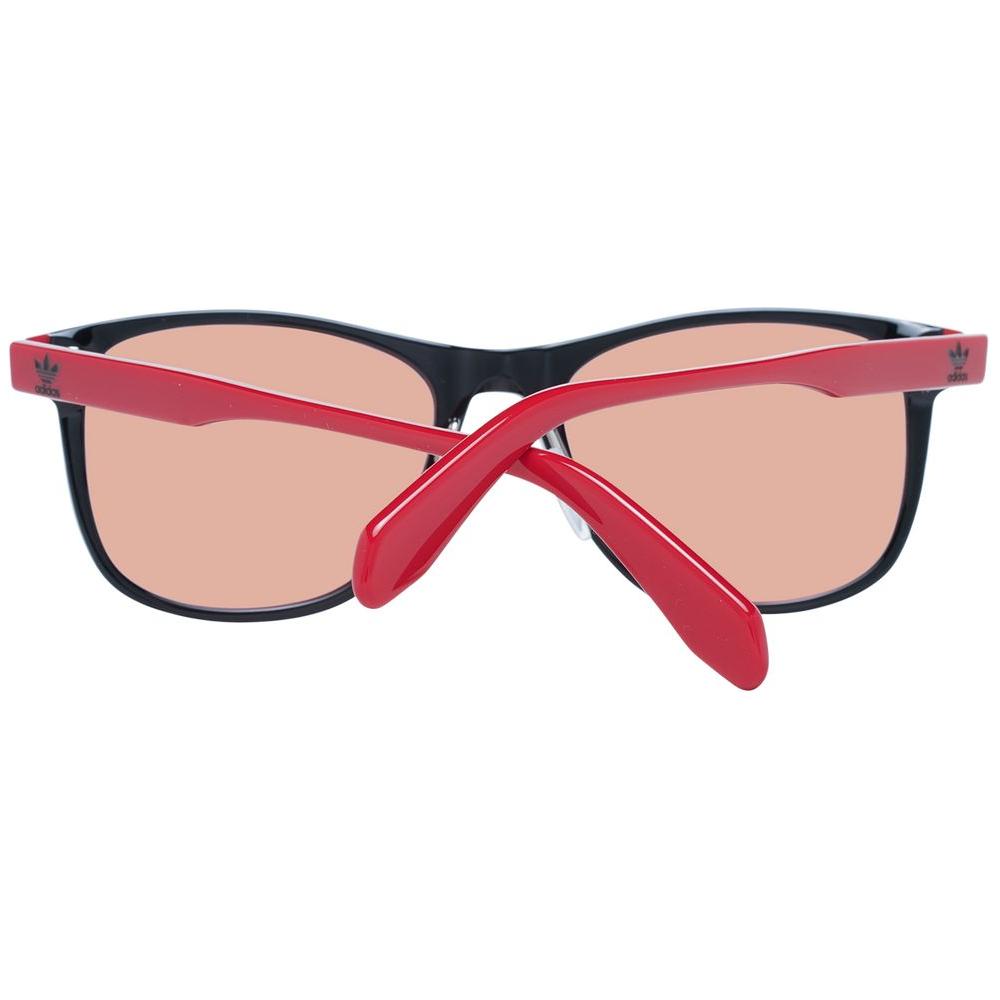 Adidas black men's sunglasses with pink mirrored lenses, full-rim plastic frame, and trapezium style, featuring 100% UVA/UVB protection.