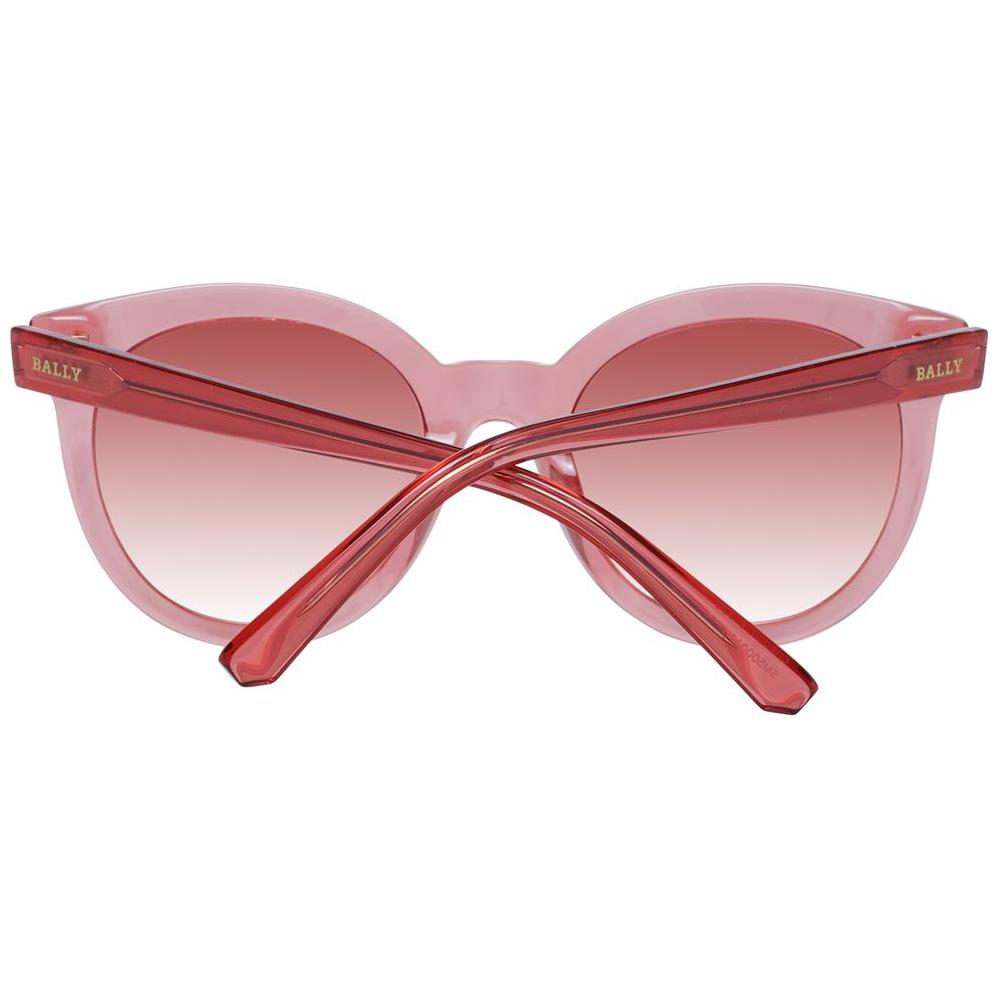 Bally red women's round acetate sunglasses with burgundy gradient lenses, full-rim style, UV protection, size 52-21-140, includes branded case.
