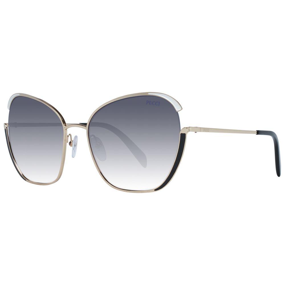 Emilio Pucci gold butterfly-style women's sunglasses with metal frames, grey mirrored gradient lenses, and full-rim design.