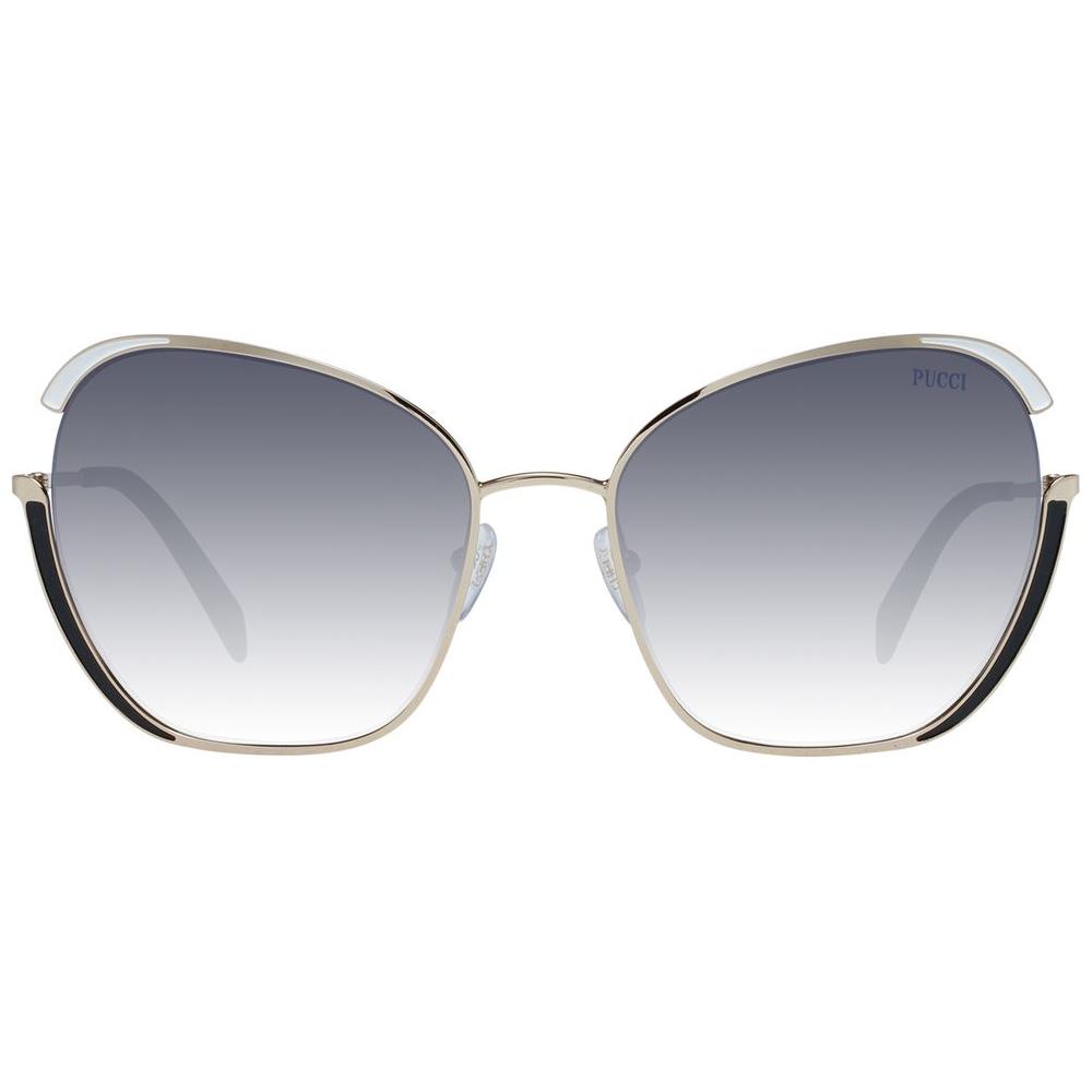 Emilio Pucci gold women's sunglasses with full-rim butterfly design, mirrored gradient grey lenses, and metal frame, size 58-19-135.