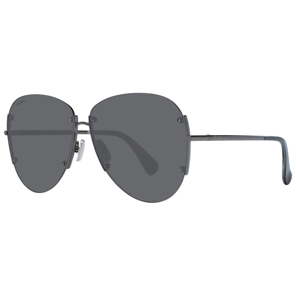Max Mara gunmetal aviator sunglasses for women with mirrored gray lenses, featuring a metal frame and bottom-rim style, 100% UV protection.