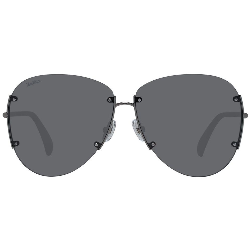 Max Mara gray aviator sunglasses for women, gunmetal metal frame, mirrored grey plastic lenses, bottom-rim style, 100% UVA & UVB protection.