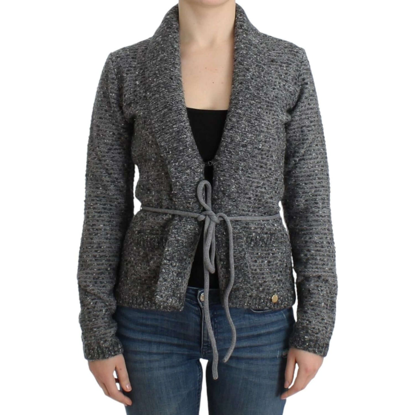 Gray wool blend cardigan with tie-waist design, showcasing luxury and elegance from Cavalli, worn with jeans.