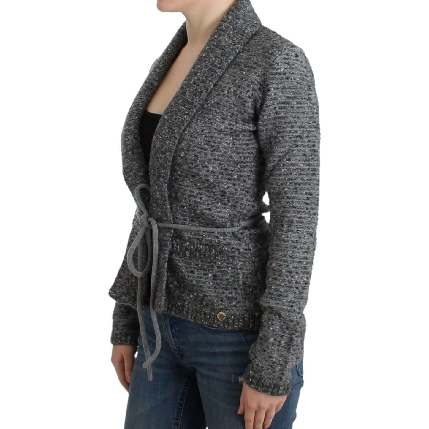 Woman wearing Cavalli elegant gray wool blend cardigan with tie-waist design, showcasing logo details and sophisticated style.