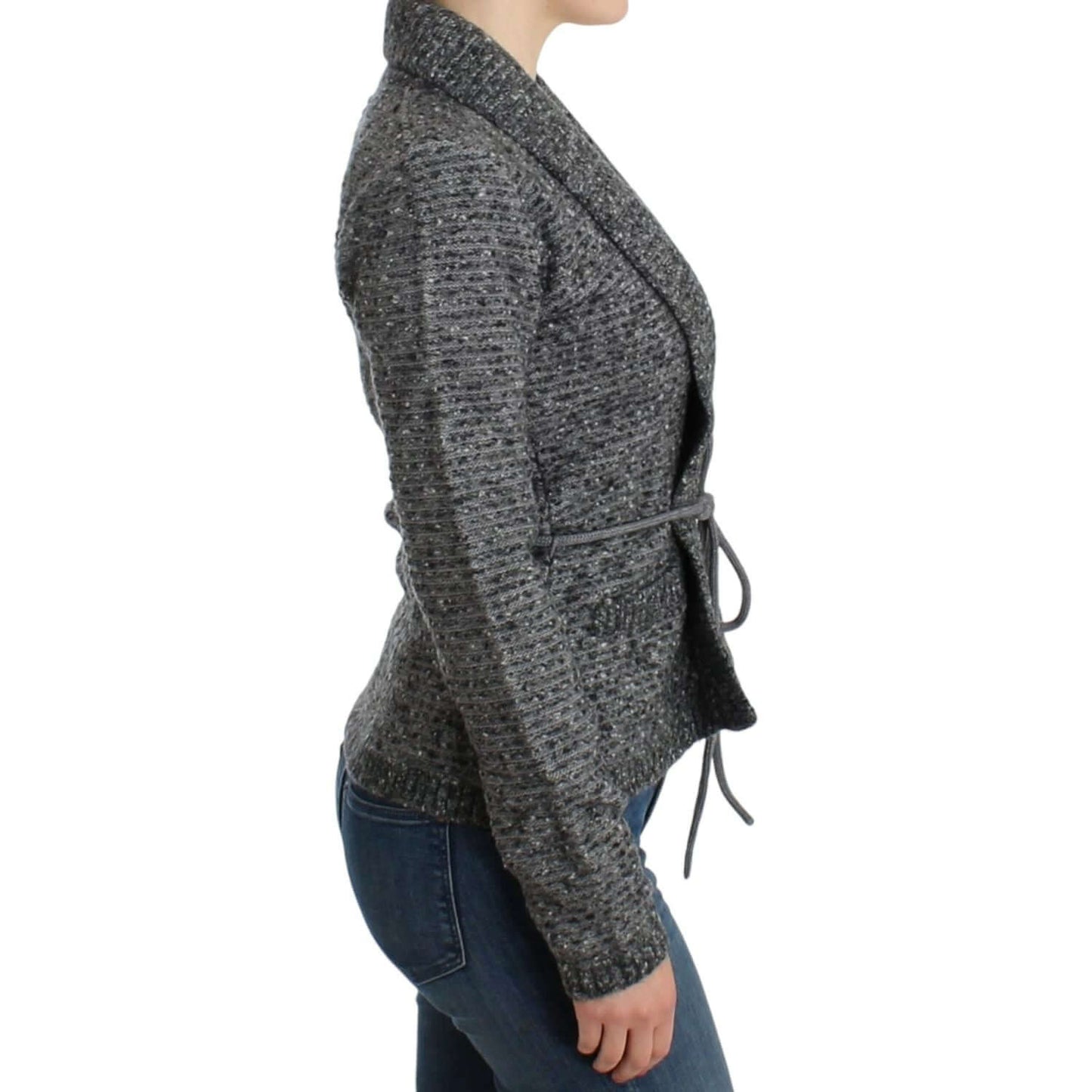 Side view of a Cavalli Elegant Gray Wool Blend Cardigan with tie-waist design showcasing its texture and refined style.