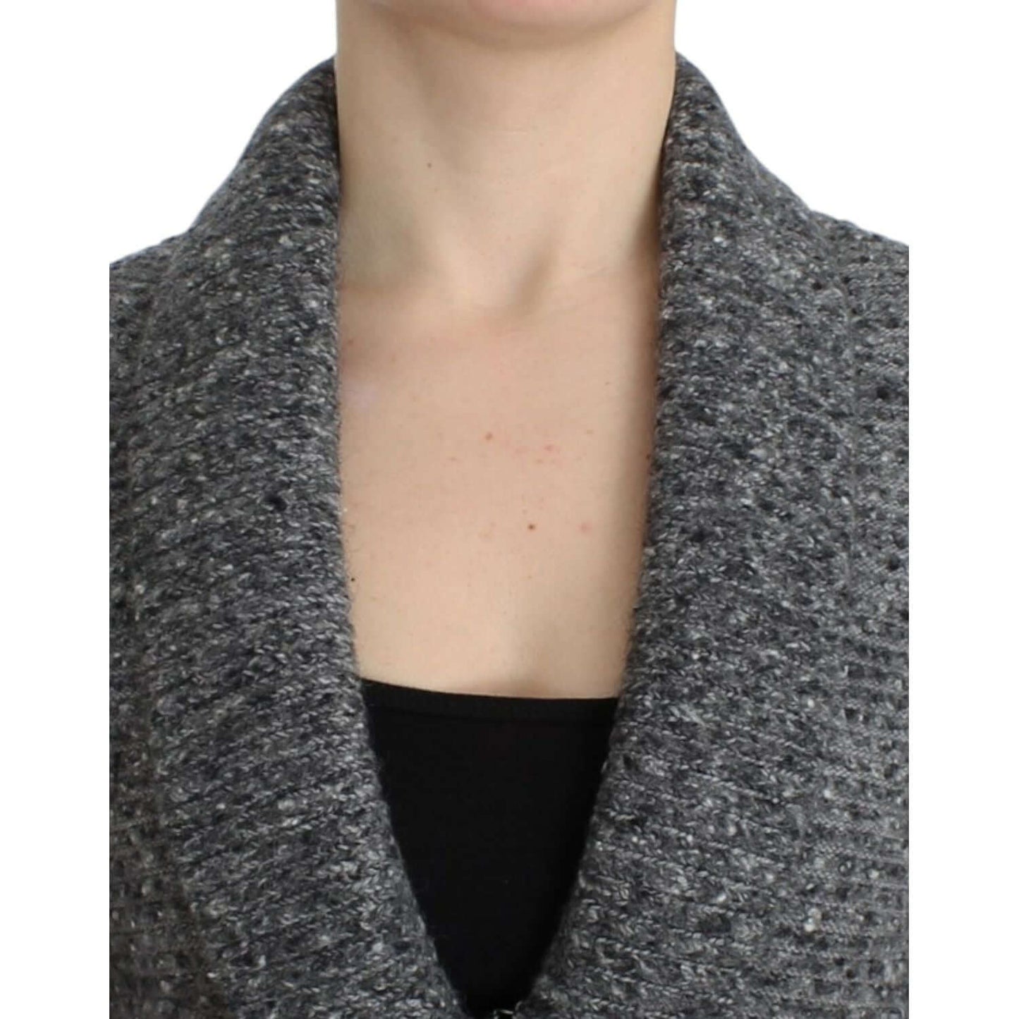 Close-up of Cavalli gray wool blend cardigan with shawl collar detail, showcasing textured fabric and elegant design.
