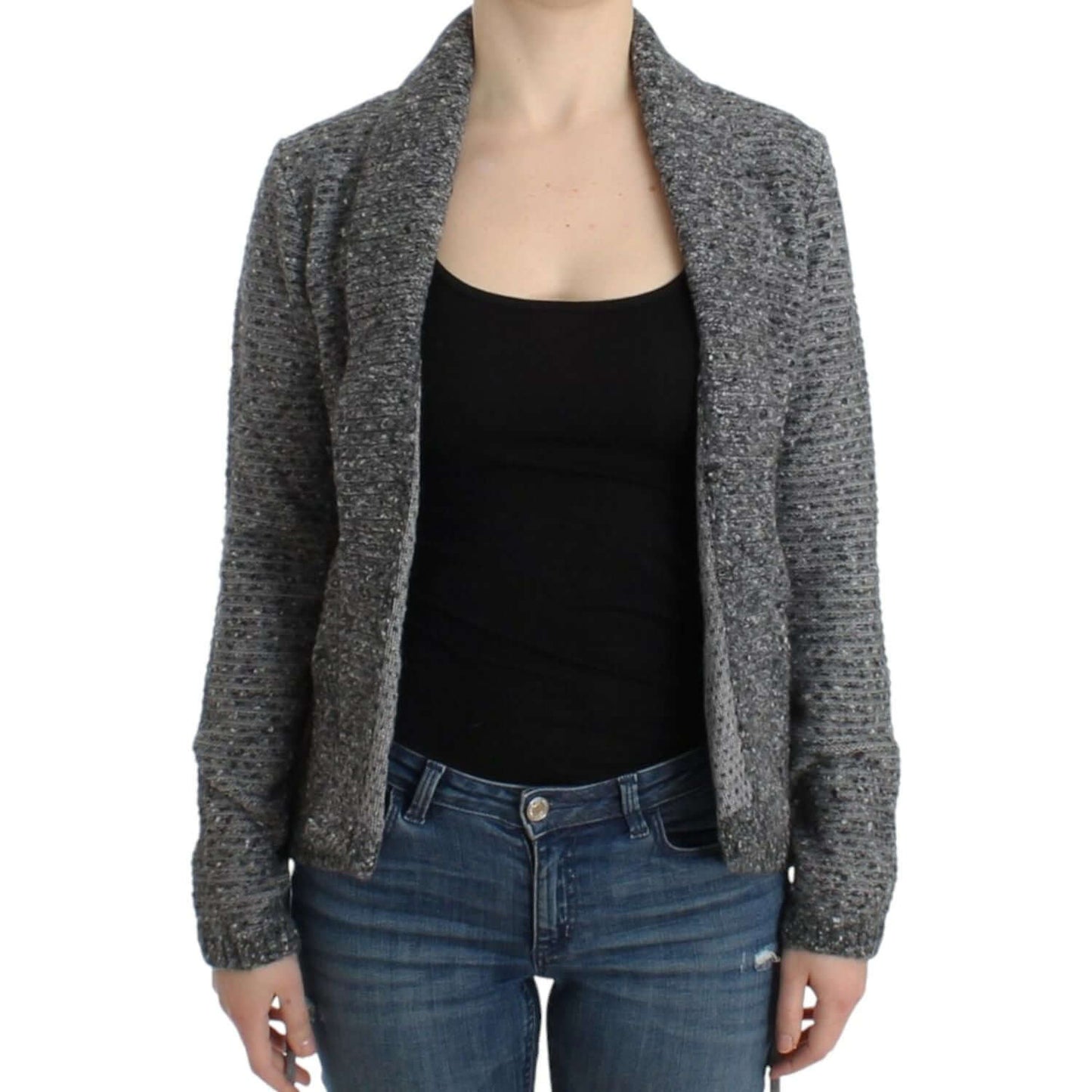 Cavalli Elegant Gray Wool Blend Cardigan with Tie-Waist and Logo Details, Exuding Sophisticated Charm and Comfort.