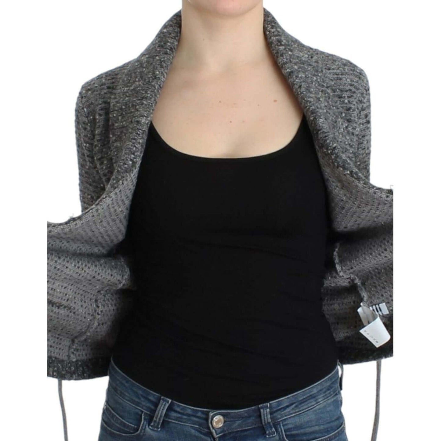 Stylish Cavalli Elegant Gray Wool Blend Cardigan with tie-waist, displayed on model. Perfect for chic winter fashion.