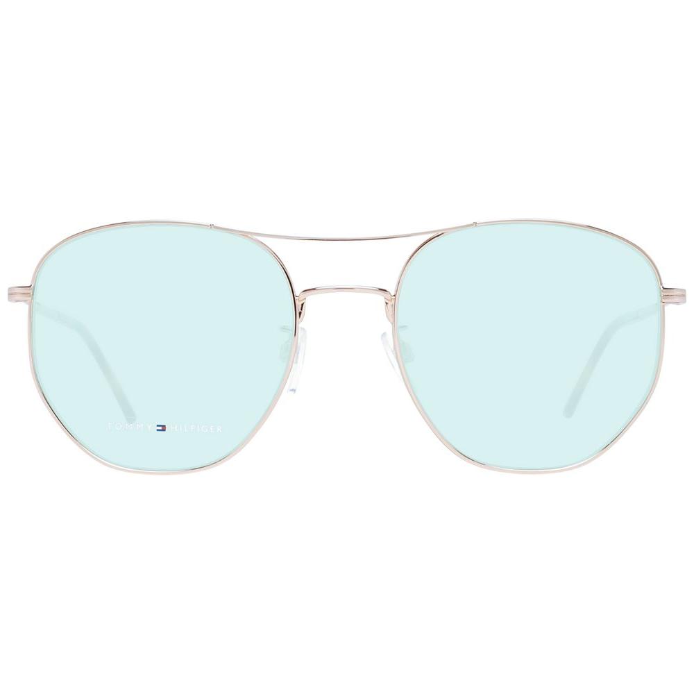 Tommy Hilfiger rose gold unisex aviator sunglasses with green lenses, metal frame, full-rim style, UV protection, size 57-21-145.