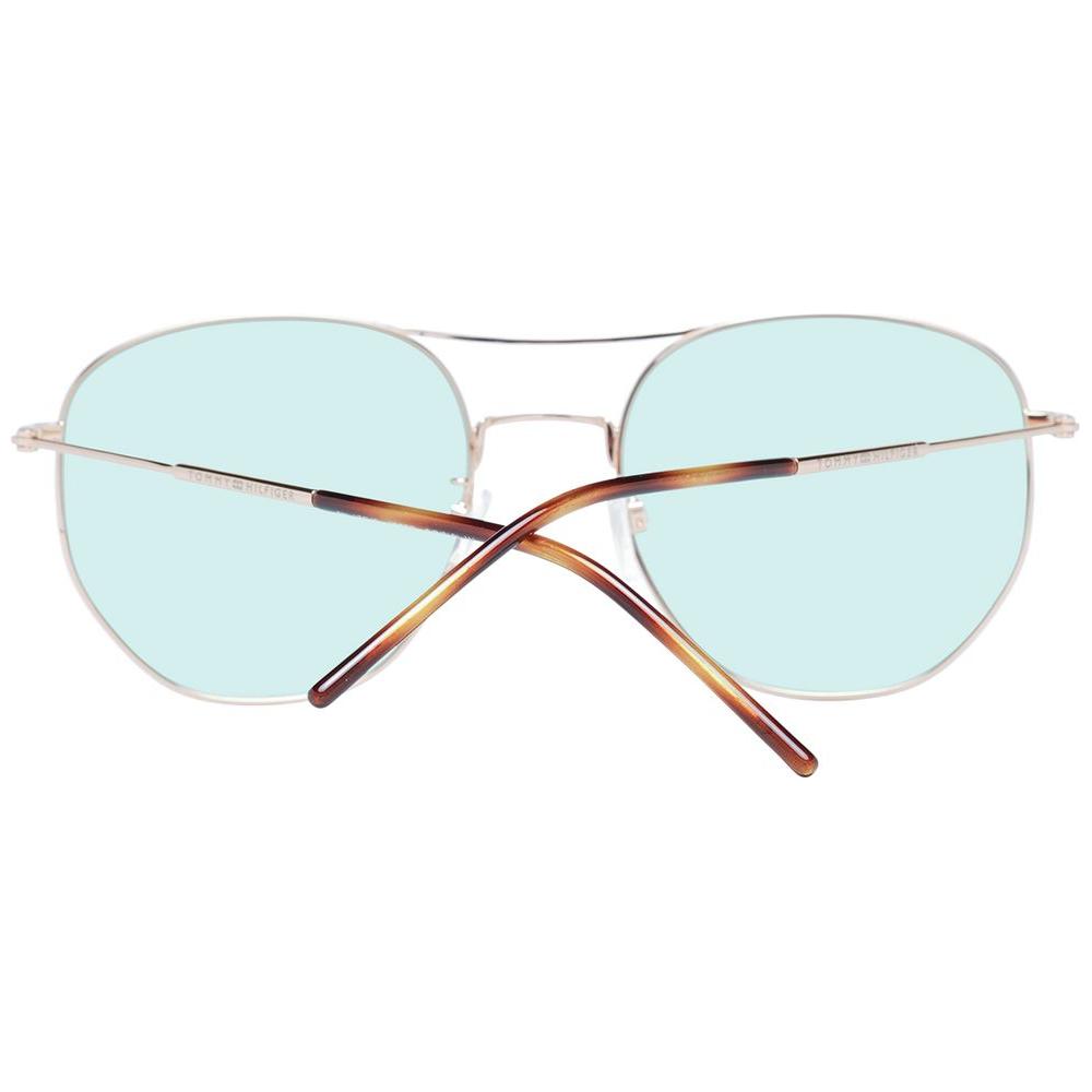 Tommy Hilfiger rose gold aviator sunglasses with green lenses, metal frame, unisex design, and 100% UVA & UVB protection.