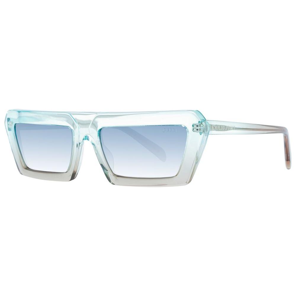 Emilio Pucci turquoise rectangle sunglasses for women, full-rim plastic frame with gradient lenses, UVA/UVB protection.