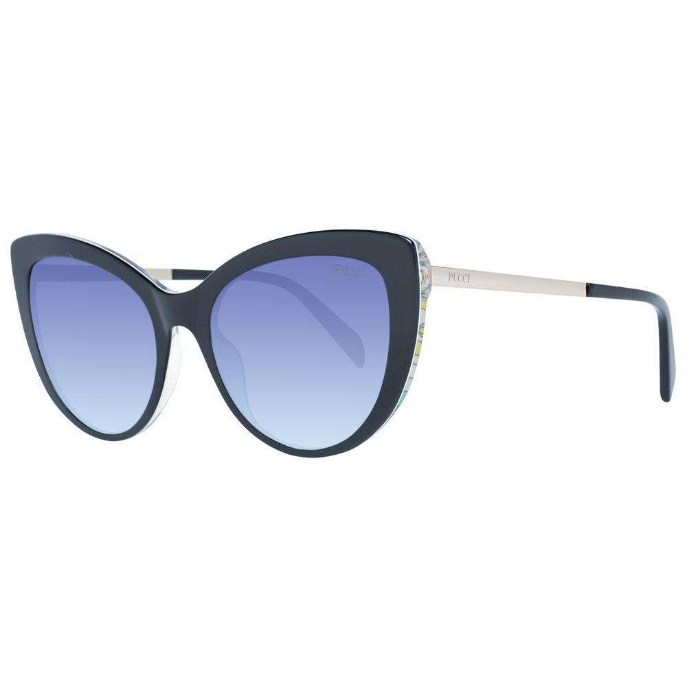 Emilio Pucci black cat-eye women sunglasses with gradient blue lenses, full-rim plastic frame, UVA & UVB protection, includes branded case.