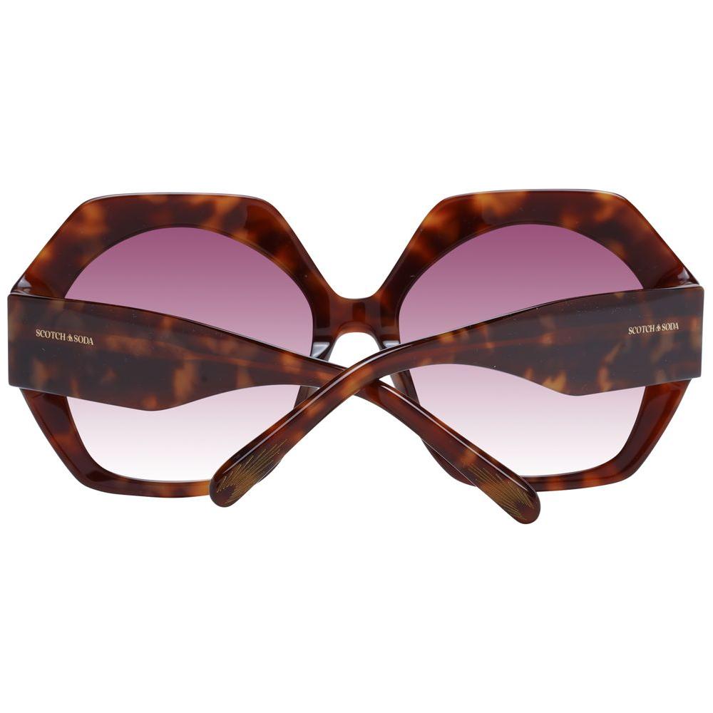 Scotch & Soda brown trapezium women sunglasses with purple gradient lenses, full-rim acetate frame, includes branded case.