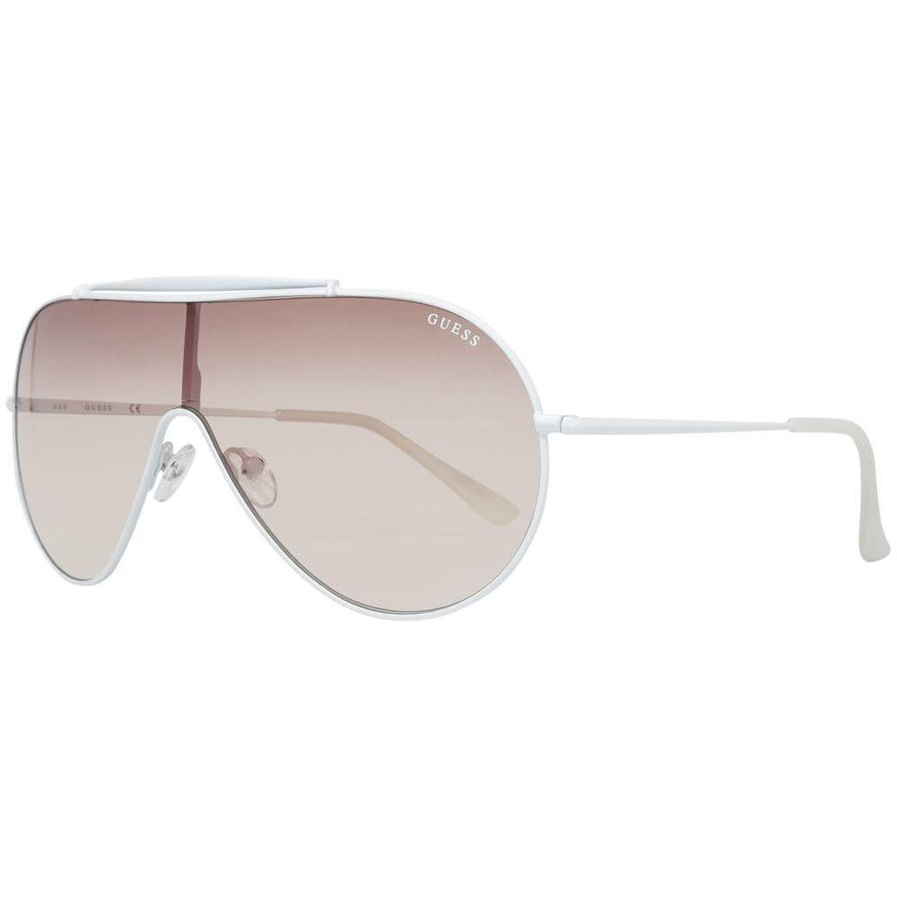 Guess white women's sunglasses with metal frame, brown gradient lenses, 100% UVA & UVB protection, includes branded case, full-rim style.