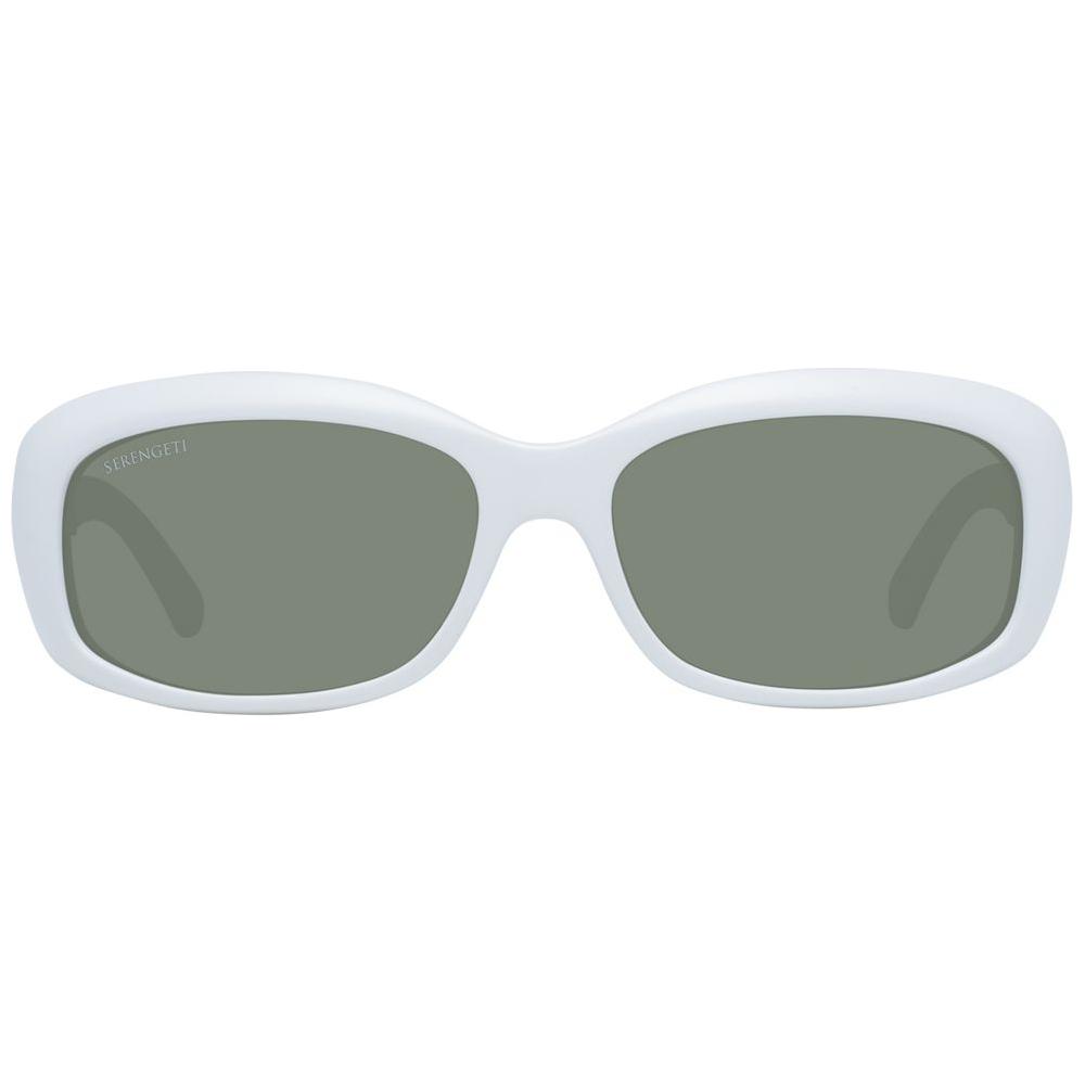 Serengeti White Women Sunglasses with white nylon frame and green polarized lenses, 100% UVA & UVB protection, full-rim rectangle style.