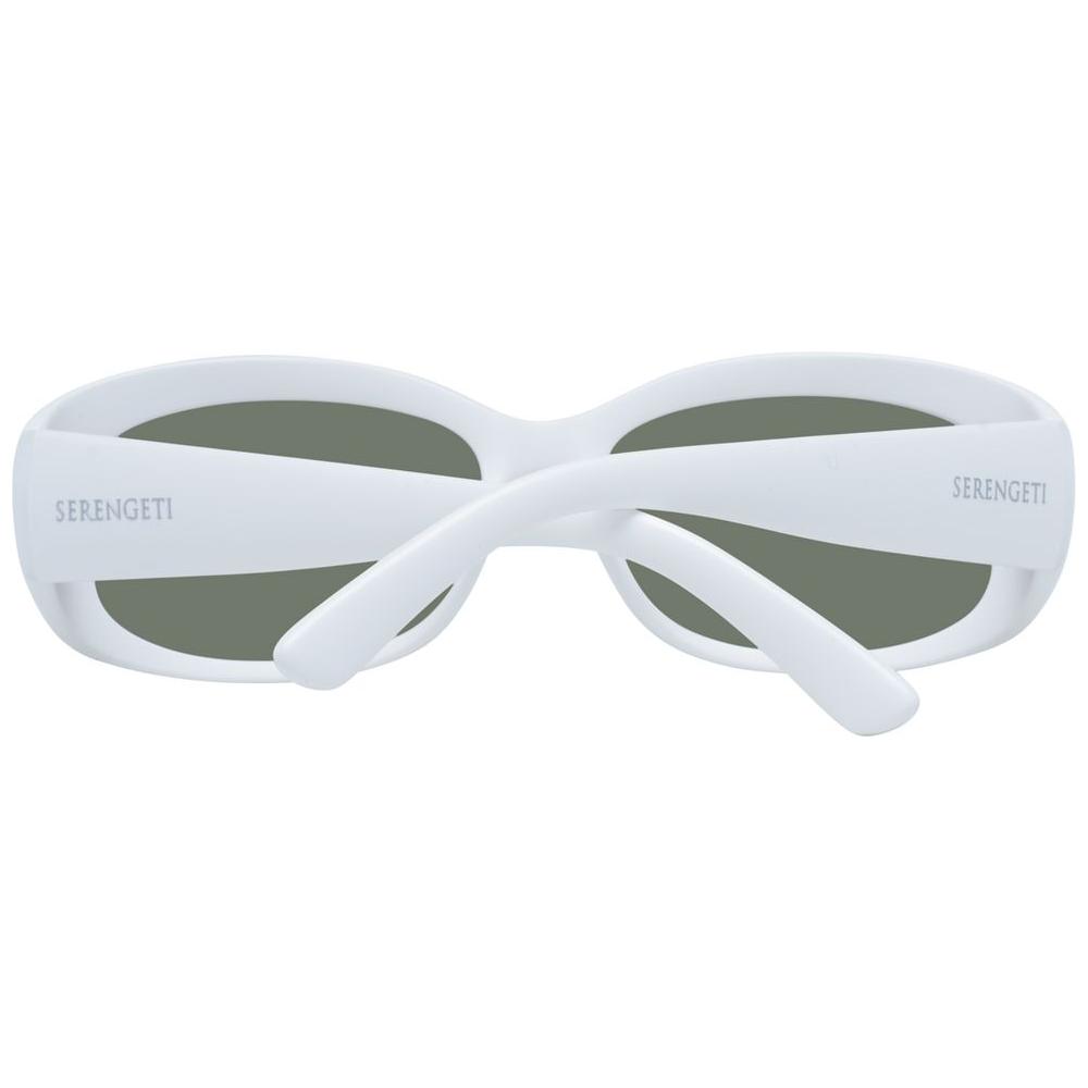 Serengeti White Women Sunglasses with green polarized lenses, full-rim rectangle style, nylon frame, 100% UV protection.
