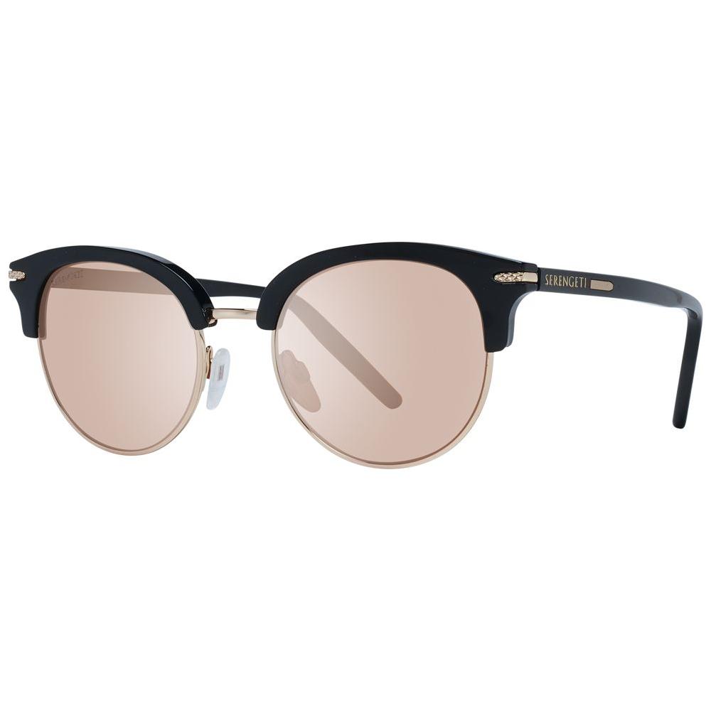 Serengeti black round women sunglasses with brown polarized mirrored lenses, full-rim acetate and metal frame, shown with branded case.