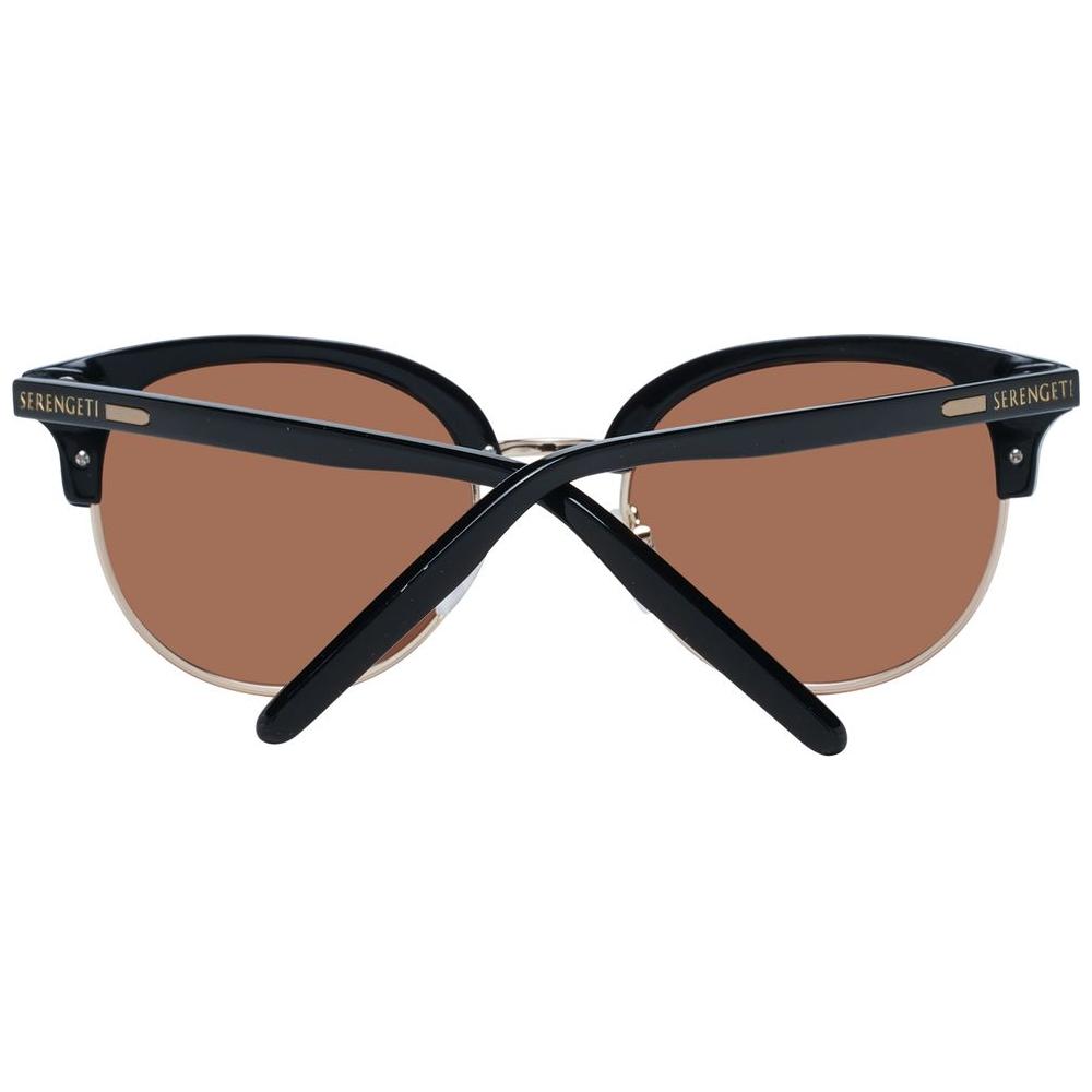 Serengeti black round women's sunglasses with brown polarized mirrored lenses and full-rim acetate and metal frame.