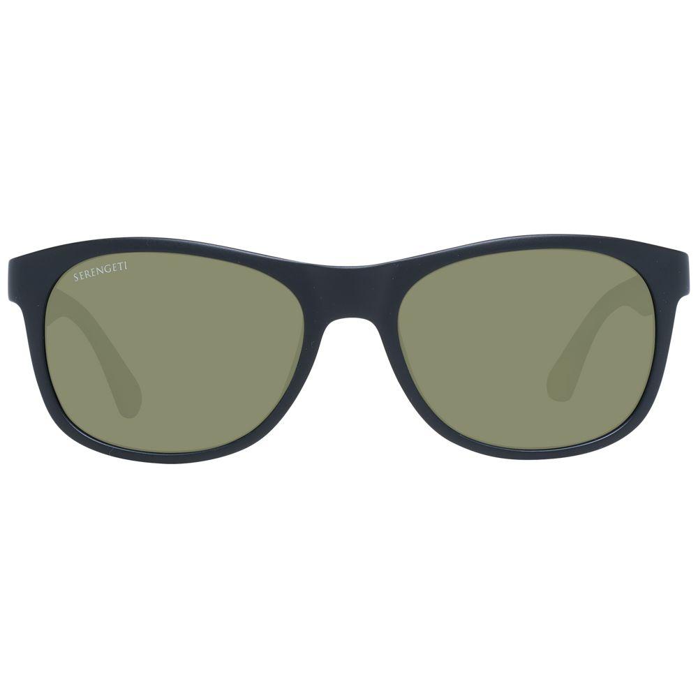 Serengeti black unisex sunglasses with polarized green lenses, full-rim rectangle style, 100% UVA & UVB protection, plastic frame.