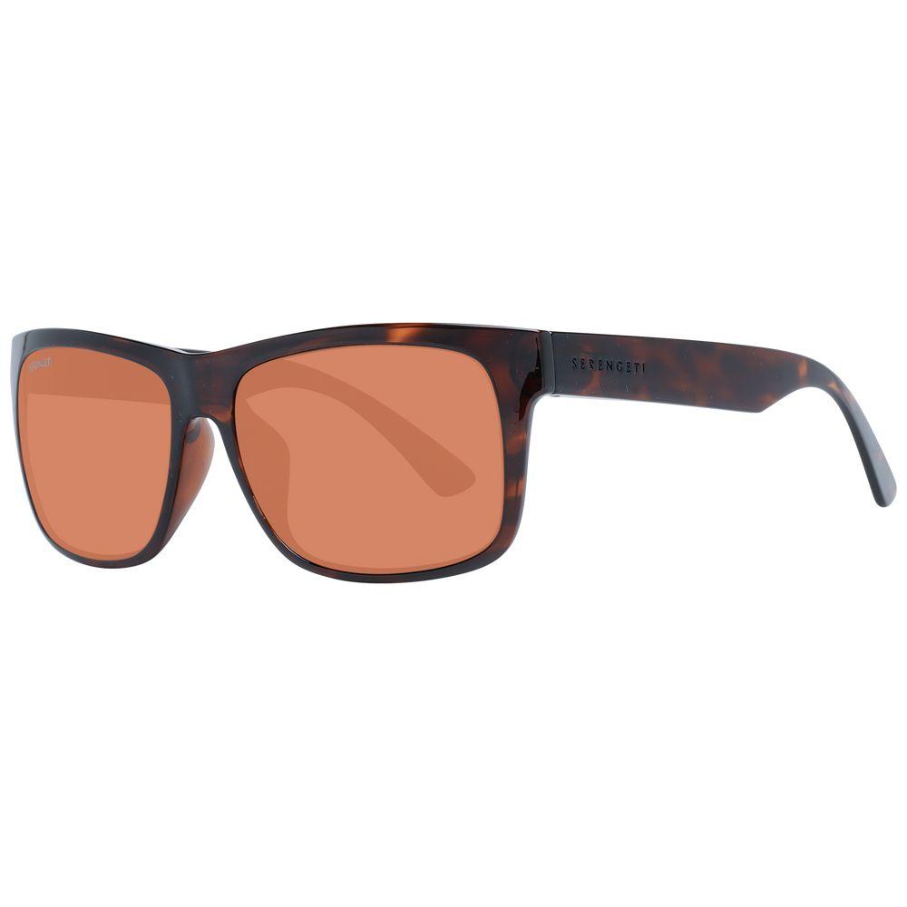 Serengeti brown unisex sunglasses with full-rim rectangle design, plastic frame and lenses; orange photochromatic polarized lenses; UVA/UVB protection.