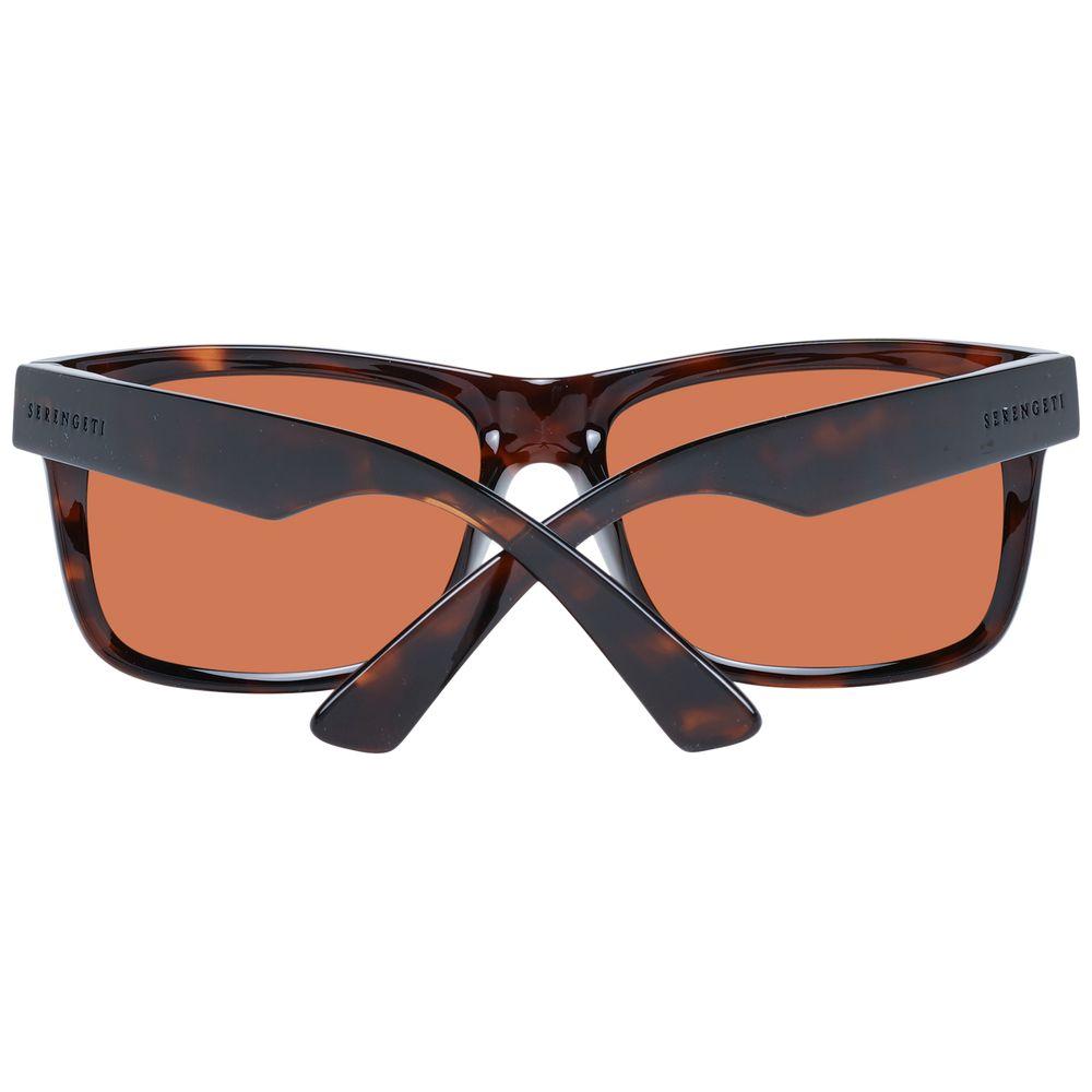 Serengeti brown unisex sunglasses with orange polarized lenses, plastic full-rim rectangle style, UVA & UVB protection, branded case included.