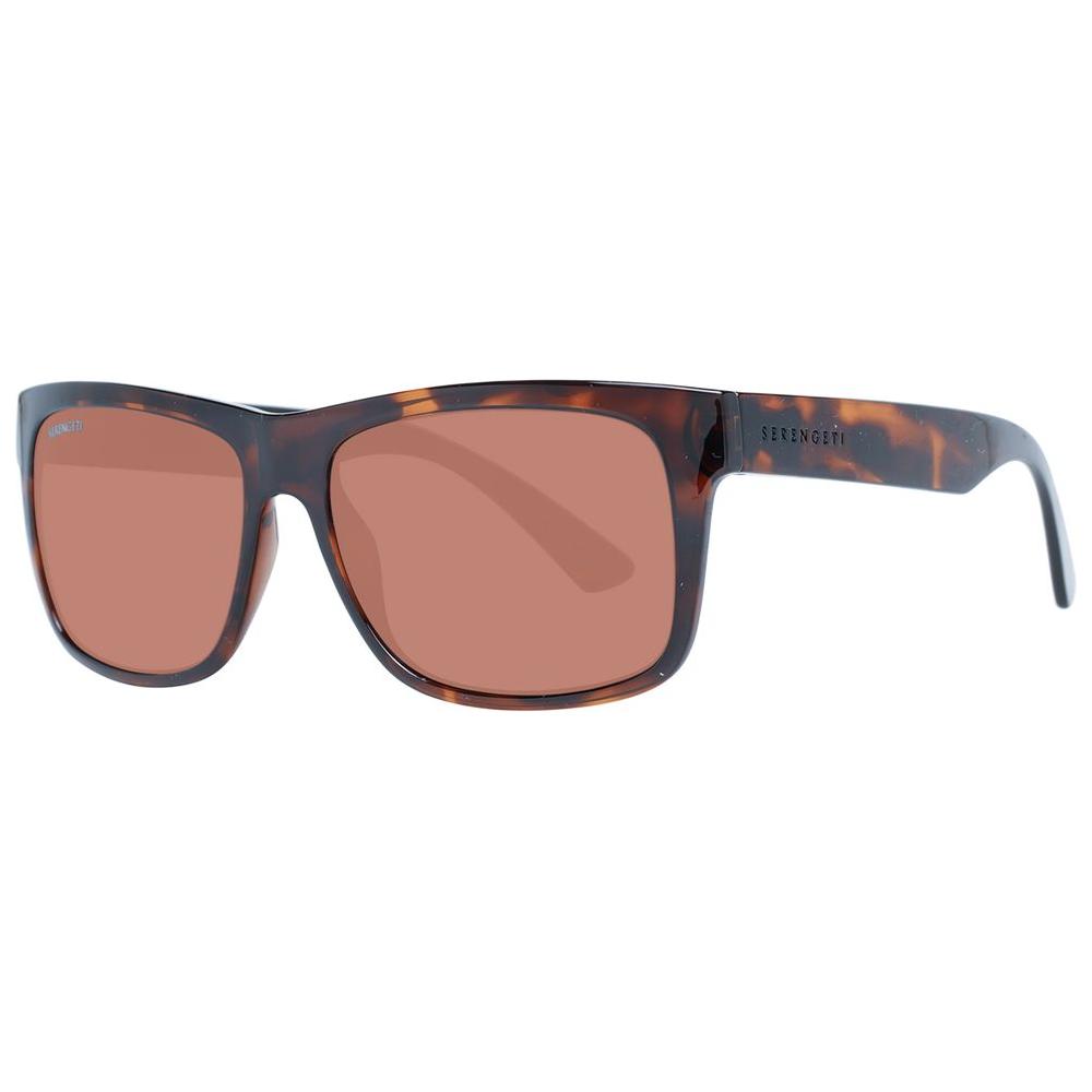 Serengeti brown unisex sunglasses, full-rim trapezium style with polarized lenses, offering 100% UVA/UVB protection.