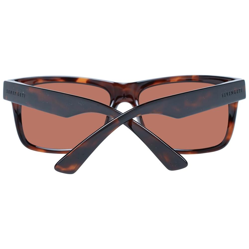 Serengeti brown unisex sunglasses with polarized lenses, plastic frame, and full-rim trapezium style. Includes branded case.